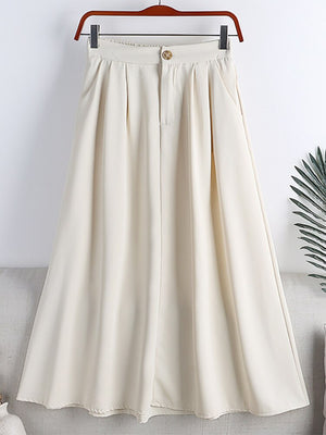 Summer Solid Casual A Line Skirt With Side Pocket Women Office Lady Elegant High Waist Midi Skirt