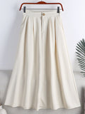 Summer Solid Casual A Line Skirt With Side Pocket Women Office Lady Elegant High Waist Midi Skirt
