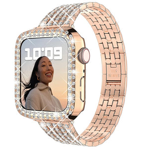 Womens Diamond Case + Strap for Apple Watch Band 7 6 41mm 45mm 38/42/40/44mm Metal Bracelet for iWatch Series SE 3 Jewelry Cover