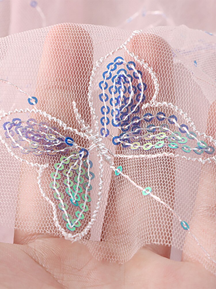 Butterfly Embroidery Sequined Sweet Tulle Skirt Elastic High Waist A Line Mesh Midi Skirt