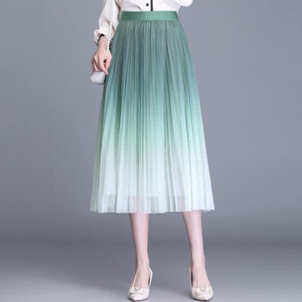 Tutu Tulle Women Summer Korean Gradient Color Pleated Maxi Skirt High Waist Mid-Calf Long Skirts