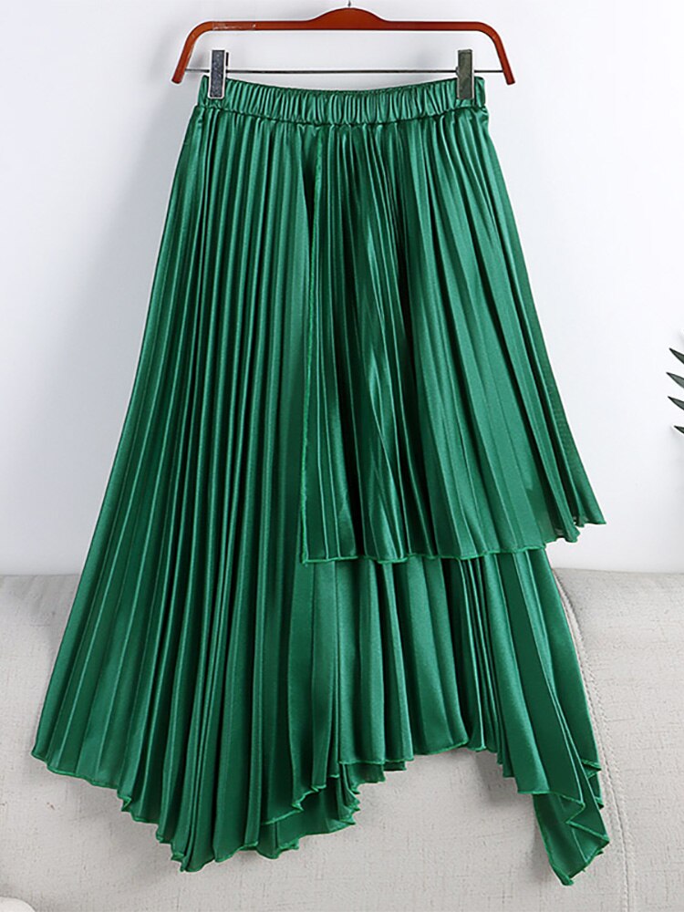 Women Asymmetric Elastic High Waist Elegant Satin Effect Pleated Midi Skirt