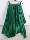 Women Asymmetric Elastic High Waist Elegant Satin Effect Pleated Midi Skirt