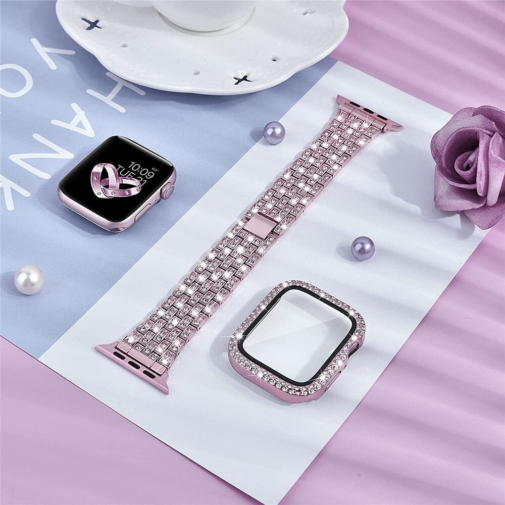 Women Diamond Case + Strap for Apple Watch Band 7 6 41mm 45mm 40mm 44mm Metal Bracelet for iWatch Series 7 SE 3 Jewelry Cover