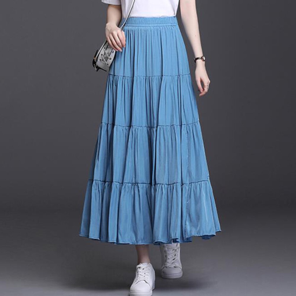 Korean Office Long Summer Women Casual Loose Large Swing Solid High Waist A Line Pleated Skirts
