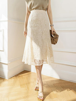 High Waist Lace Women Summer Korean Style Vintage All-match Office Lady Elegant Long Skirt