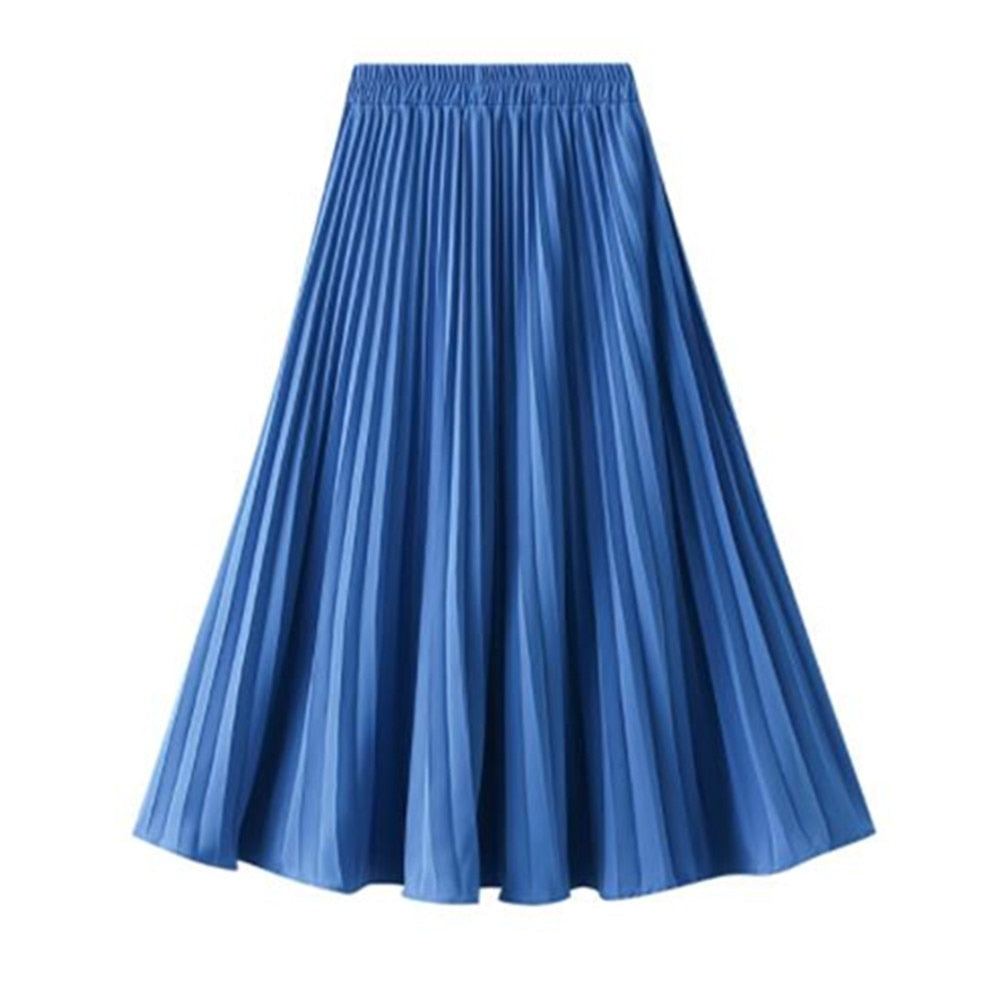 Summer Chiffon Long Maxi Skirt Women Pleated Beach Boho Solid Casual Elastic Waist Midi A-Line Skirt