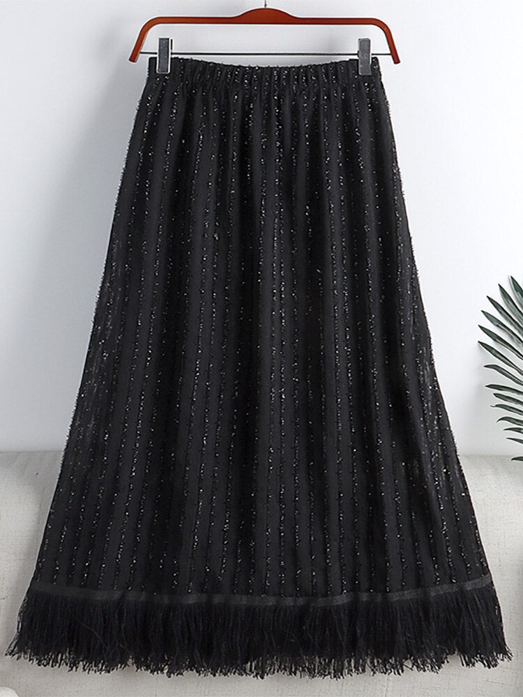 Spring Women Glitter Openwork Embroidery Skirt Elastic High Waist Fringe Hem A Line Midi Skirt