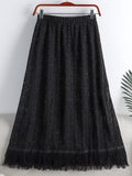 Spring Women Glitter Openwork Embroidery Skirt Elastic High Waist Fringe Hem A Line Midi Skirt