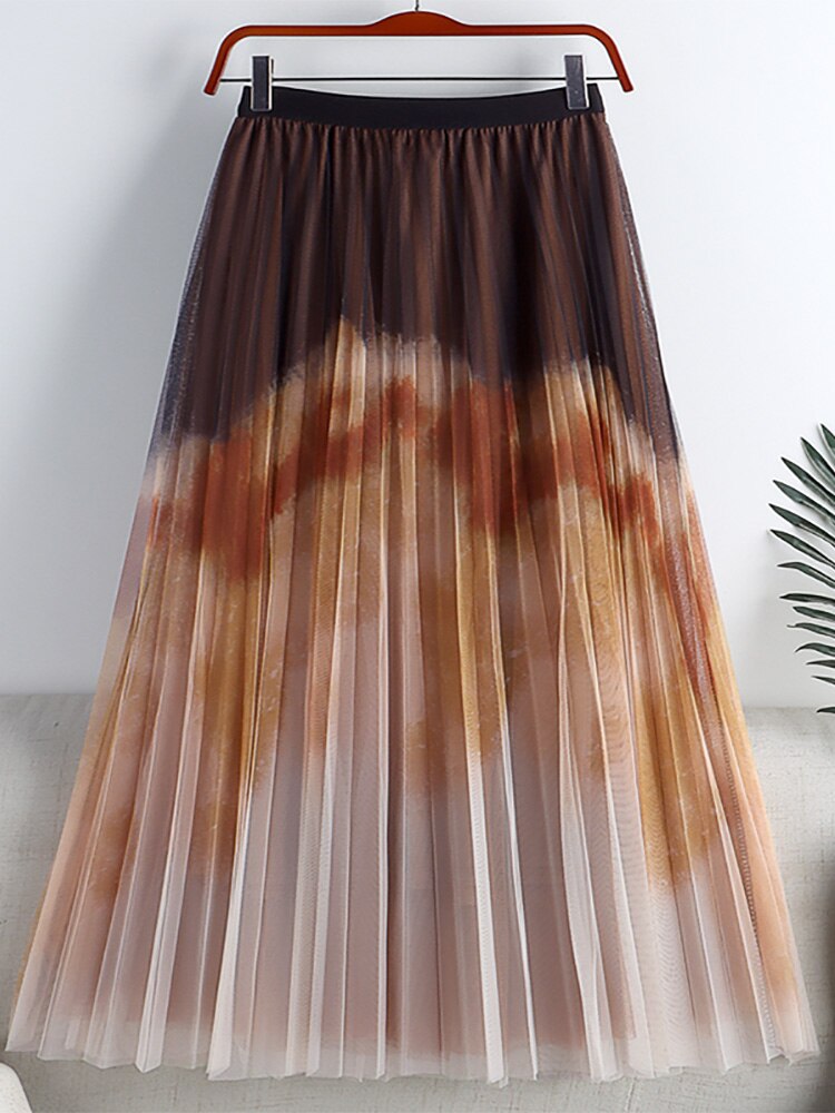 Long Women Tie Dye Print Gradient Color Mesh Pleated Skirt Elastic High Waist Tulle Midi Skirt