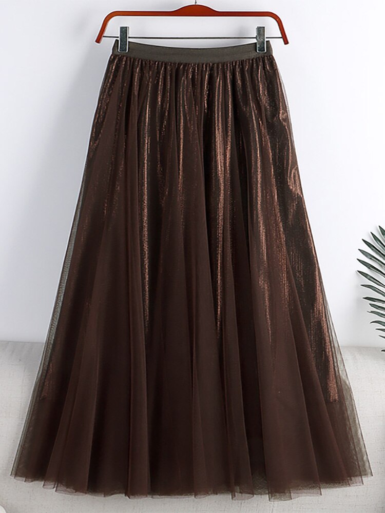 Mid Calf Long Women Metallic Shimmer Tulle Skirt Elastic High