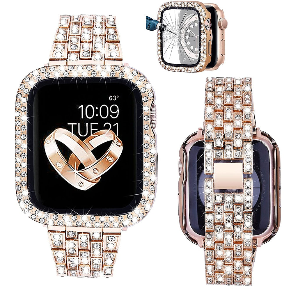 Women Diamond Case + Strap for Apple Watch Band 7 6 41mm 45mm 40mm 44mm Metal Bracelet for iWatch Series 7 SE 3 Jewelry Cover