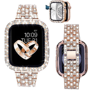 Women Diamond Case + Strap for Apple Watch Band 7 6 41mm 45mm 40mm 44mm Metal Bracelet for iWatch Series 7 SE 3 Jewelry Cover