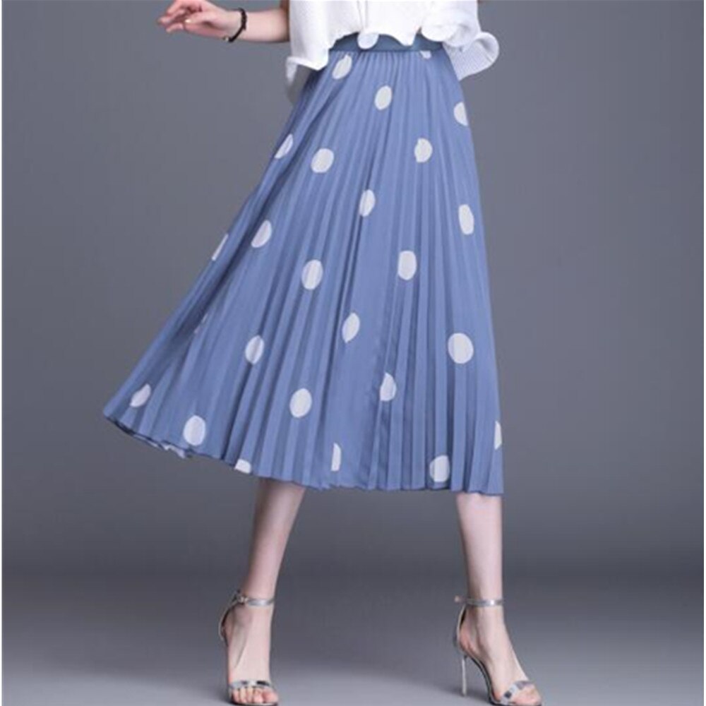 Polka Dot Print Long Maxi Summer Women White Black High Waist Pleated Long A Line Skirts
