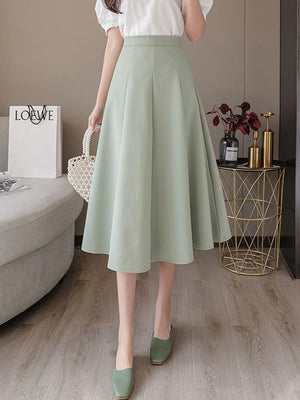 Ladies Elegant A-line Korean Style Solid Color Big Swing High Waist Women Long Skirt