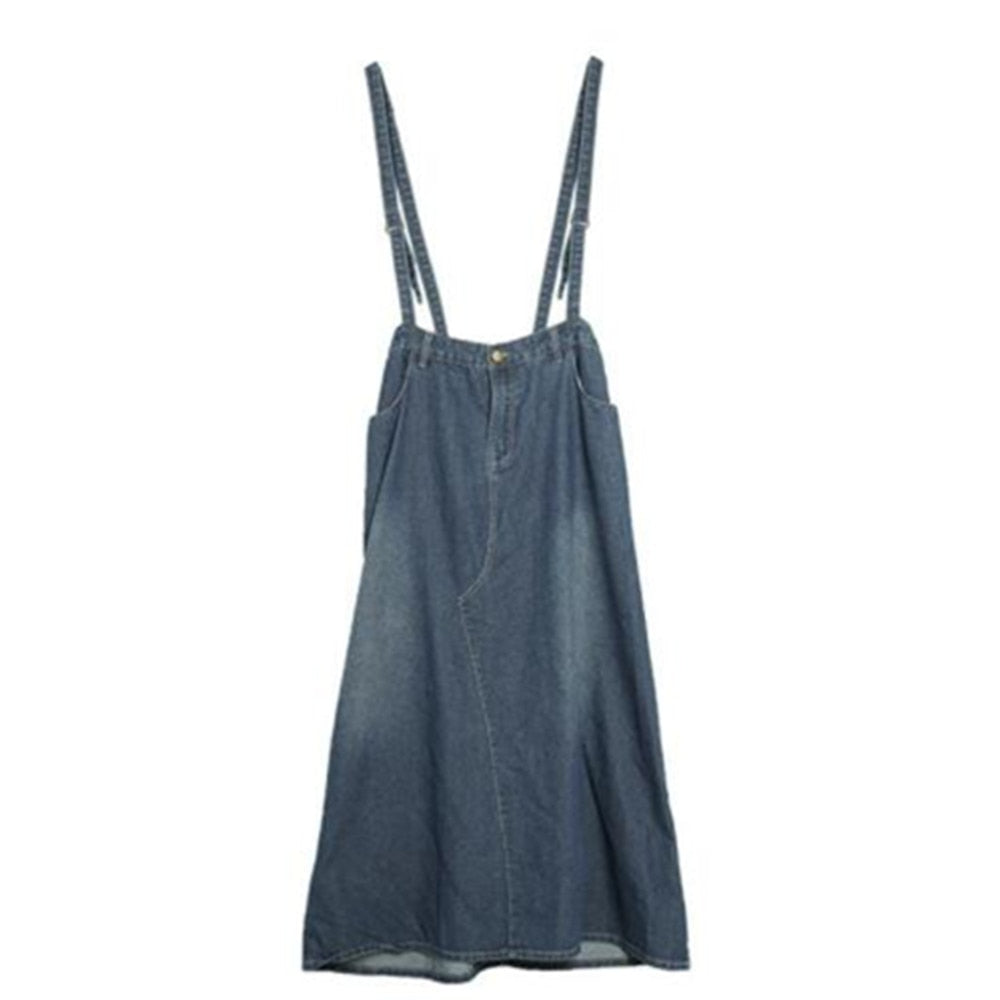 Denim Suspender Women High Waist A Line Pleated Casual Summer Long Jean Two Shoulder Strap Skirts