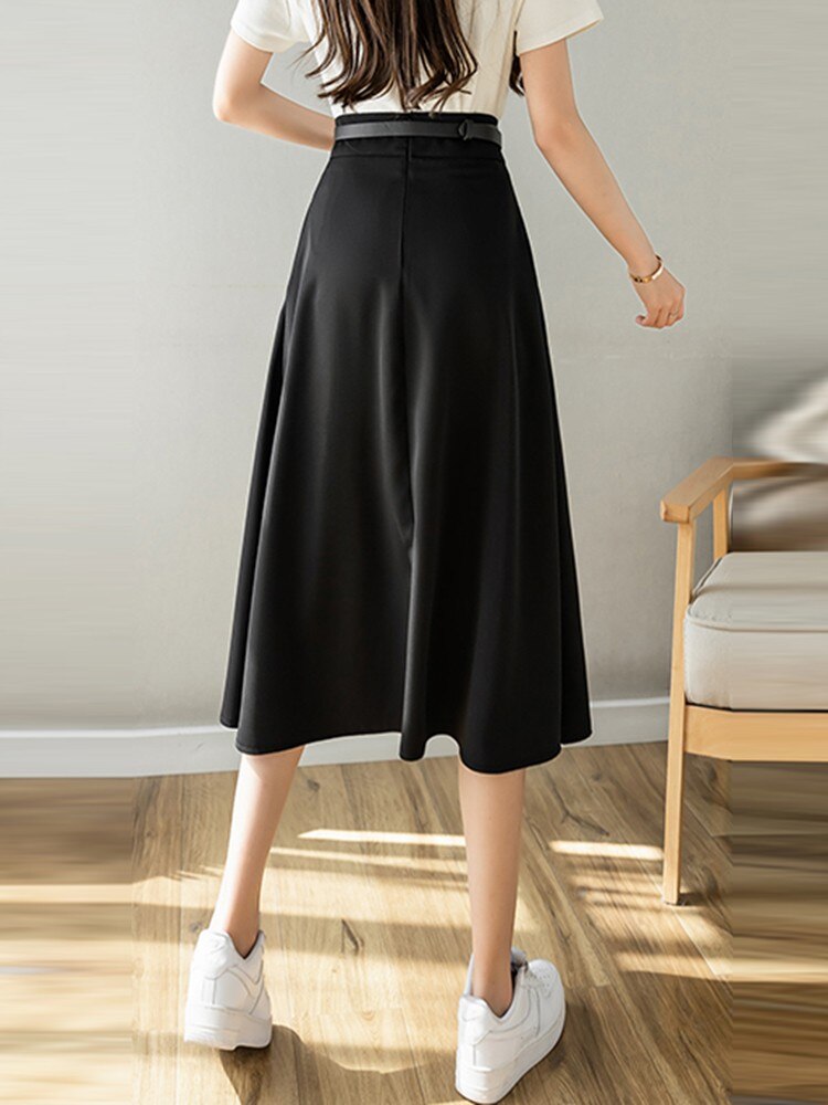 Ladies Elegant A-line Skirts Fashion England Style Plain Color All-match High Waist Women Long Skirt