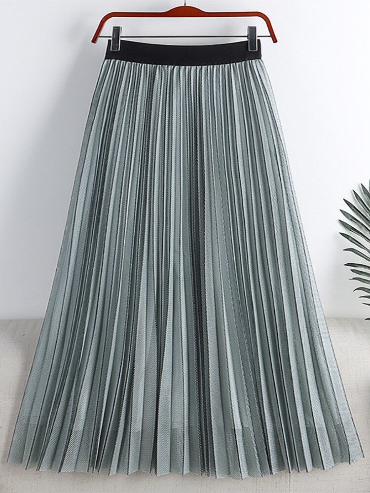 Women Contrast Trim Tulle Skirt Elastic High Waist Mesh Midi Pleated Skirts