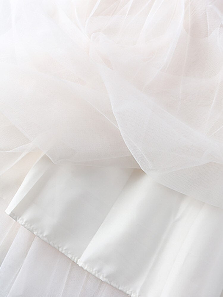 Elegant Tulle Pleated Skirt Summer Women Elastic High Waist Solid Casual Mesh Midi Skirt