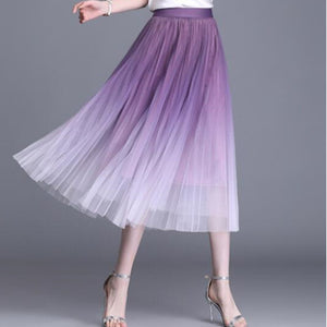 Tutu Tulle Women Summer Korean Gradient Color Pleated Maxi Skirt High Waist Mid-Calf Long Skirts