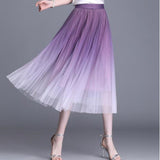 Tutu Tulle Women Summer Korean Gradient Color Pleated Maxi Skirt High Waist Mid-Calf Long Skirts