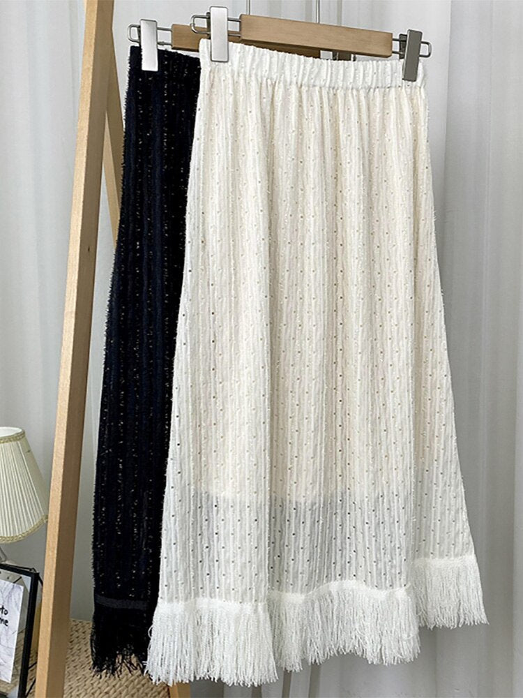 Spring Women Glitter Openwork Embroidery Skirt Elastic High Waist Fringe Hem A Line Midi Skirt