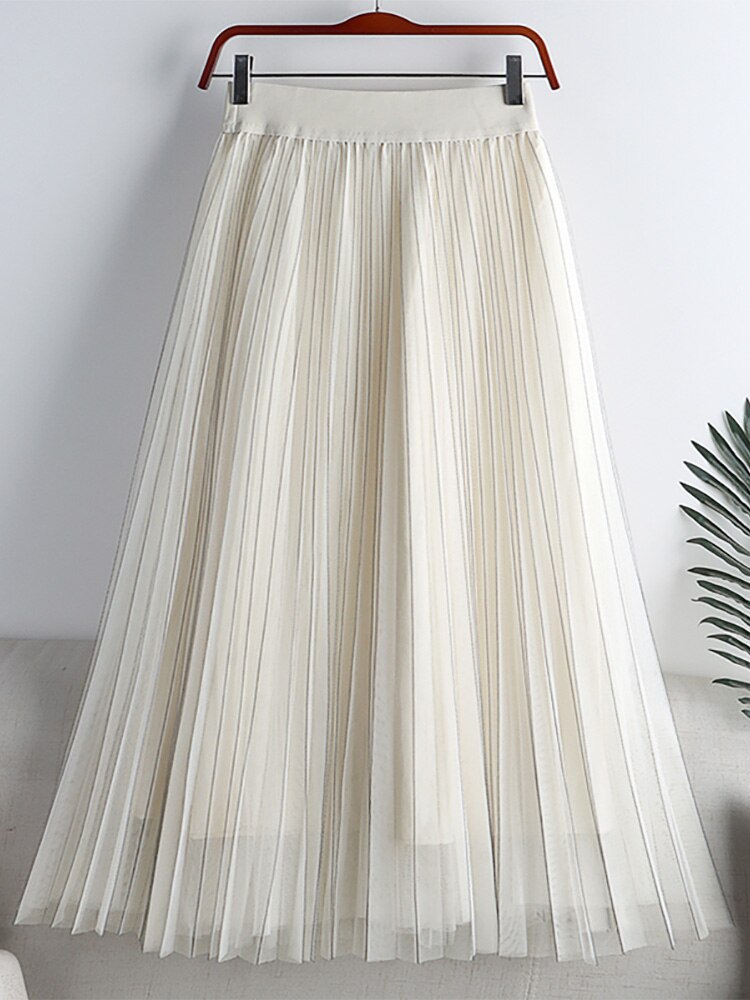 Spring Summer Women Solid Casual A Line Elegant Elastic High Waist Tulle Pleated Skirt