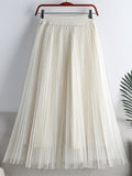 Spring Summer Women Solid Casual A Line Elegant Elastic High Waist Tulle Pleated Skirt