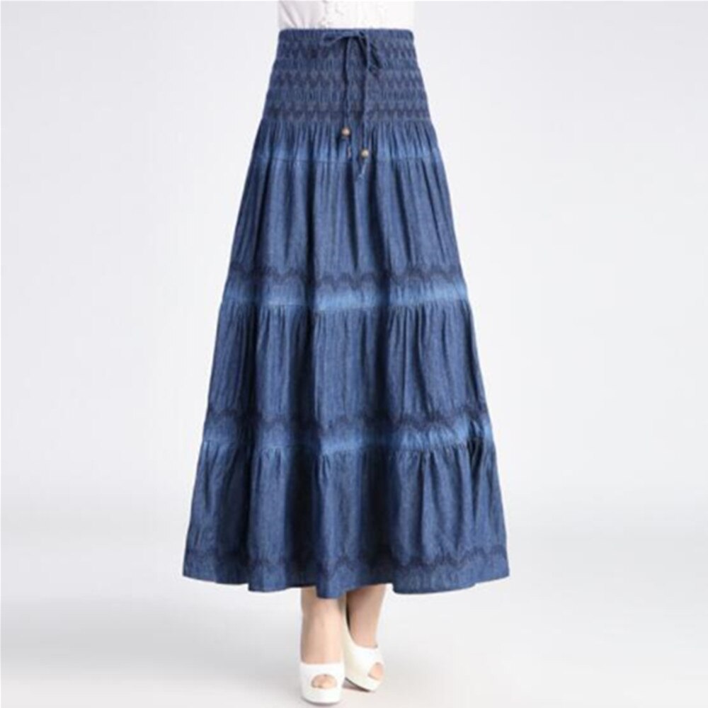 Summer High Waist Long Solid Party Floor-Length Jean Women Denim Pleated Maxi Skirts