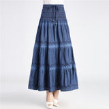 Summer High Waist Long Solid Party Floor-Length Jean Women Denim Pleated Maxi Skirts