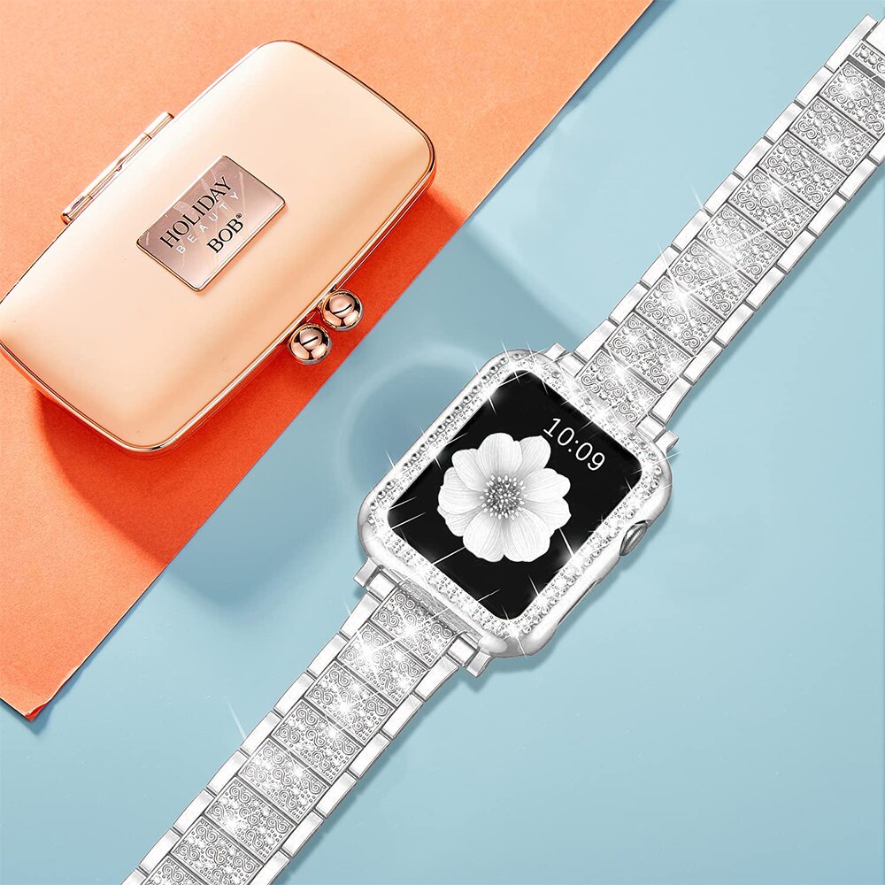 Womens Diamond Case + Strap for Apple Watch Band 7 6 41mm 45mm 38/42/40/44mm Jewelry Metal Bracelet for iWatch Series SE 3 Cover