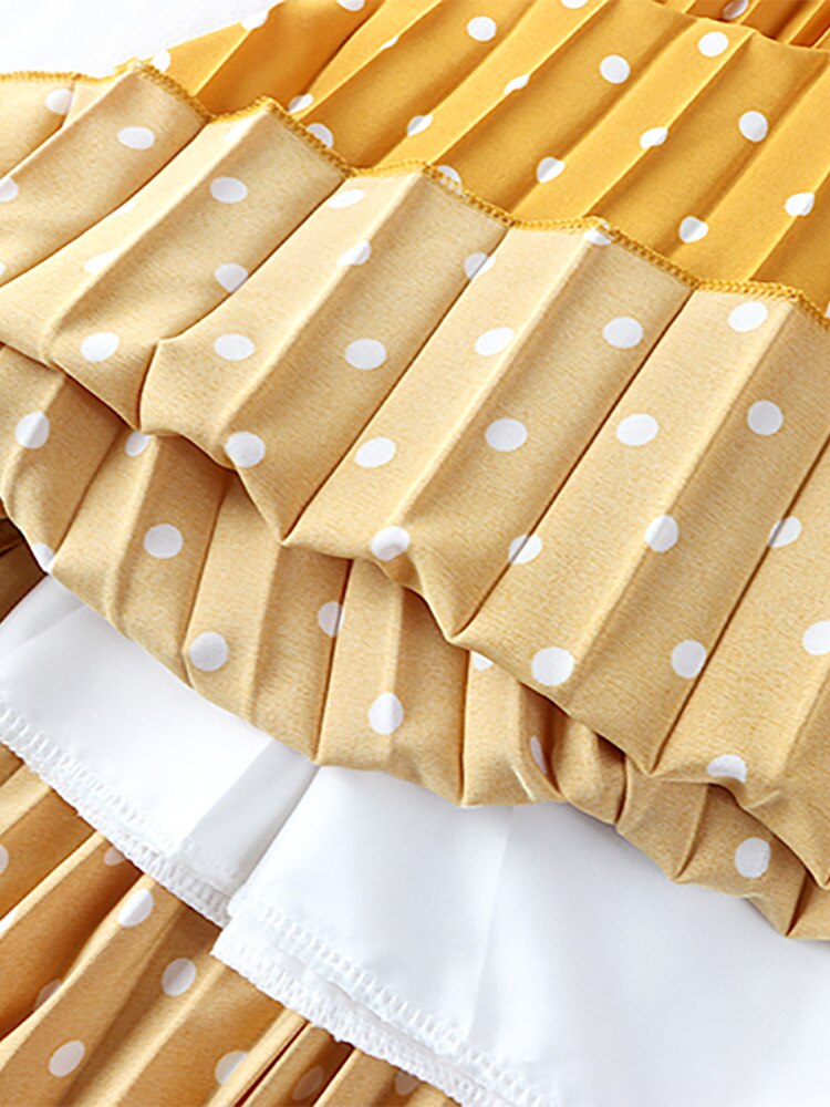 Elegant Vintage Pleated Women Elastic High Waist Casual Polka Dot Midi Skirt