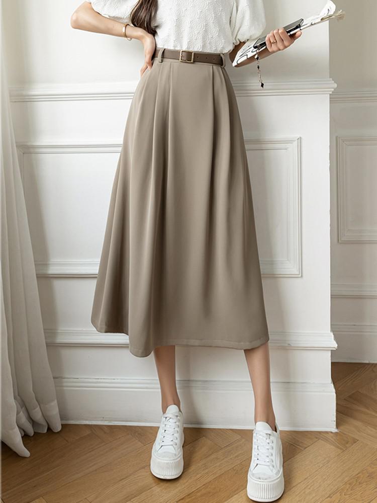 High Waist Casual Women Korean Style Solid Color All-match Ladies Elegant A-line Long Skirt