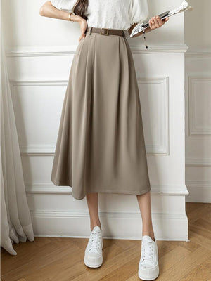 High Waist Casual Women Korean Style Solid Color All-match Ladies Elegant A-line Long Skirt