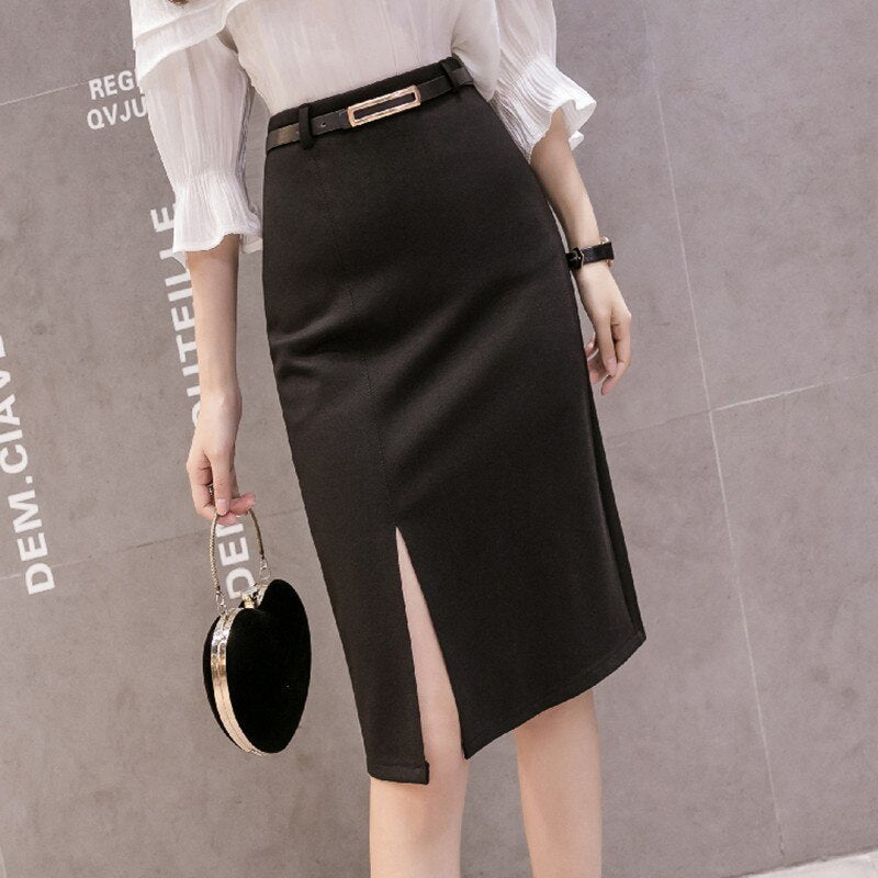 Women High Waist Spring Office Style All-match Elegant Slim Ladies Knee-length Pencil Skirt With Belts