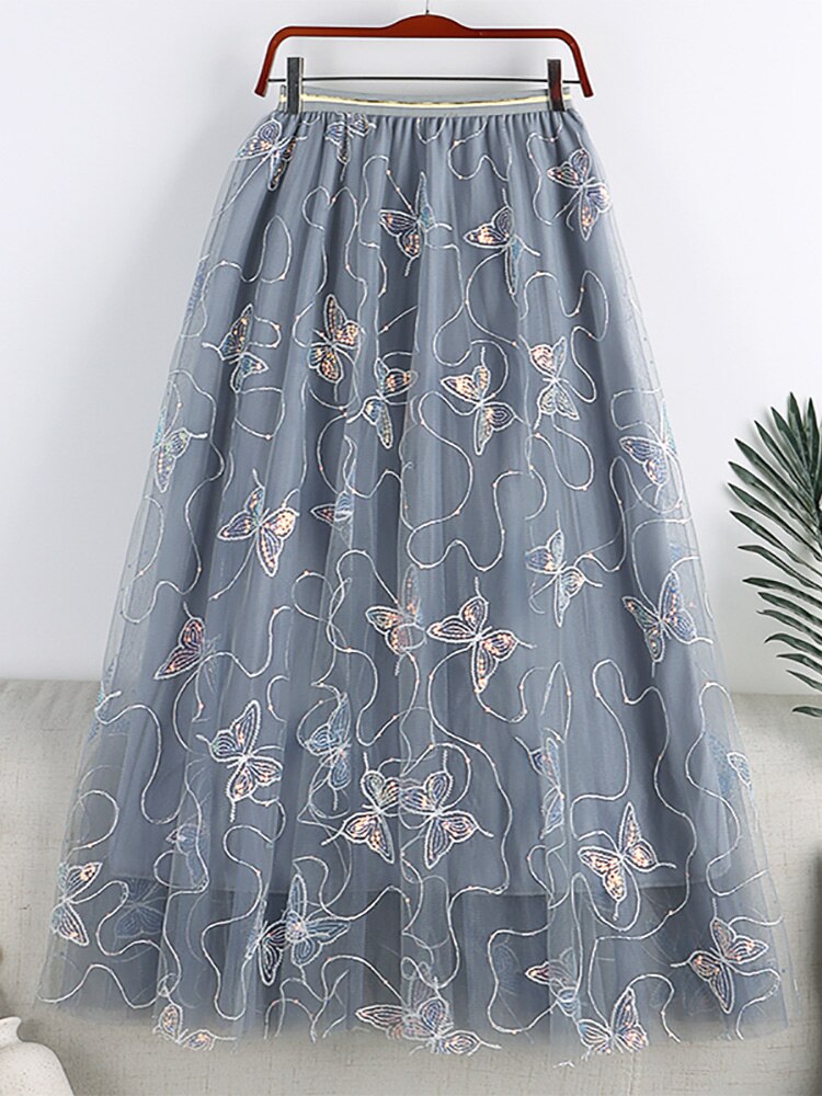 Butterfly Embroidery Sequined Sweet Tulle Skirt Elastic High Waist A Line Mesh Midi Skirt