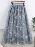 Butterfly Embroidery Sequined Sweet Tulle Skirt Elastic High Waist A Line Mesh Midi Skirt