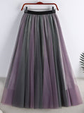 Women Street Style Contrast Color Patchwork Tulle Skirt Elastic High Waist Metallic A Line Mesh Midi Skirt