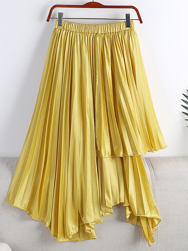 Women Asymmetric Elastic High Waist Elegant Satin Effect Pleated Midi Skirt