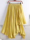 Women Asymmetric Elastic High Waist Elegant Satin Effect Pleated Midi Skirt
