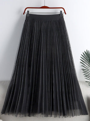 Spring Summer Women Solid Casual A Line Elegant Elastic High Waist Tulle Pleated Skirt