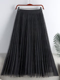 Spring Summer Women Solid Casual A Line Elegant Elastic High Waist Tulle Pleated Skirt