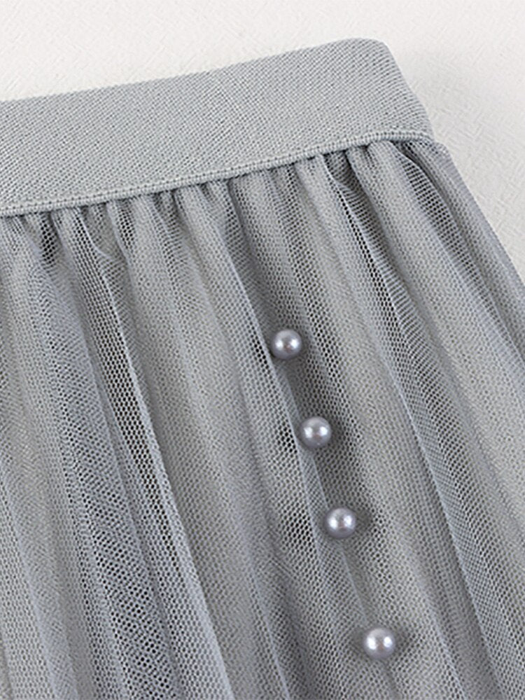 Spring Women Elegant Beading Mesh Midi Skirt Casual Elastic High Waist A Line Skirt
