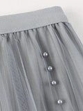 Spring Women Elegant Beading Mesh Midi Skirt Casual Elastic High Waist A Line Skirt