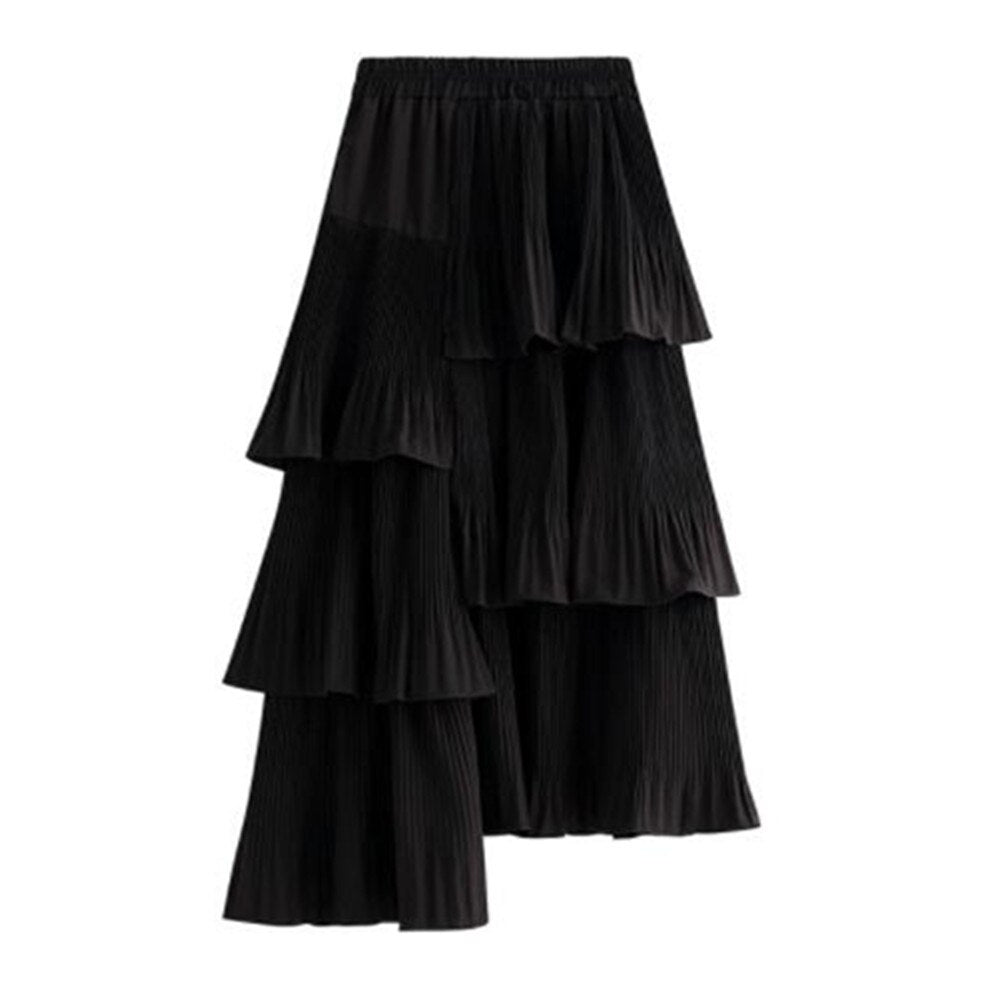 Autumn Summer Long Vintage Women Ruffles Spring Solid Casual Loose Elastic Waist Skirts