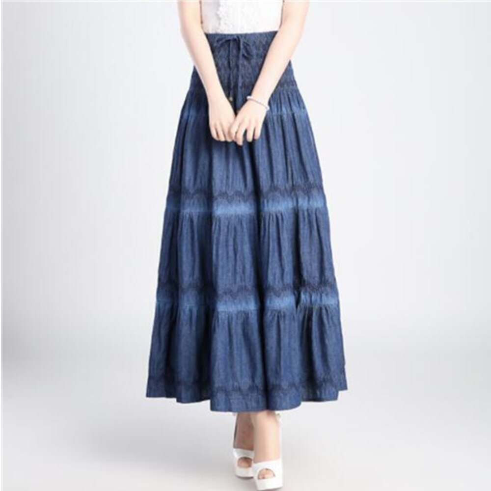 Summer High Waist Long Solid Party Floor-Length Jean Women Denim Pleated Maxi Skirts