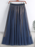 Mid Calf Long Women Metallic Shimmer Tulle Skirt Elastic High Waist Elegant A Line Midi Skirt