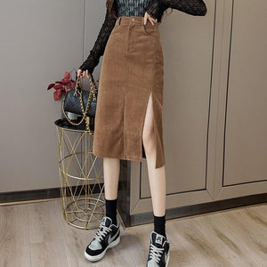 Women Casual Spring Korean Style Vintage Corduroy All-match Ladies Elegant High Waist Pencil Skirt