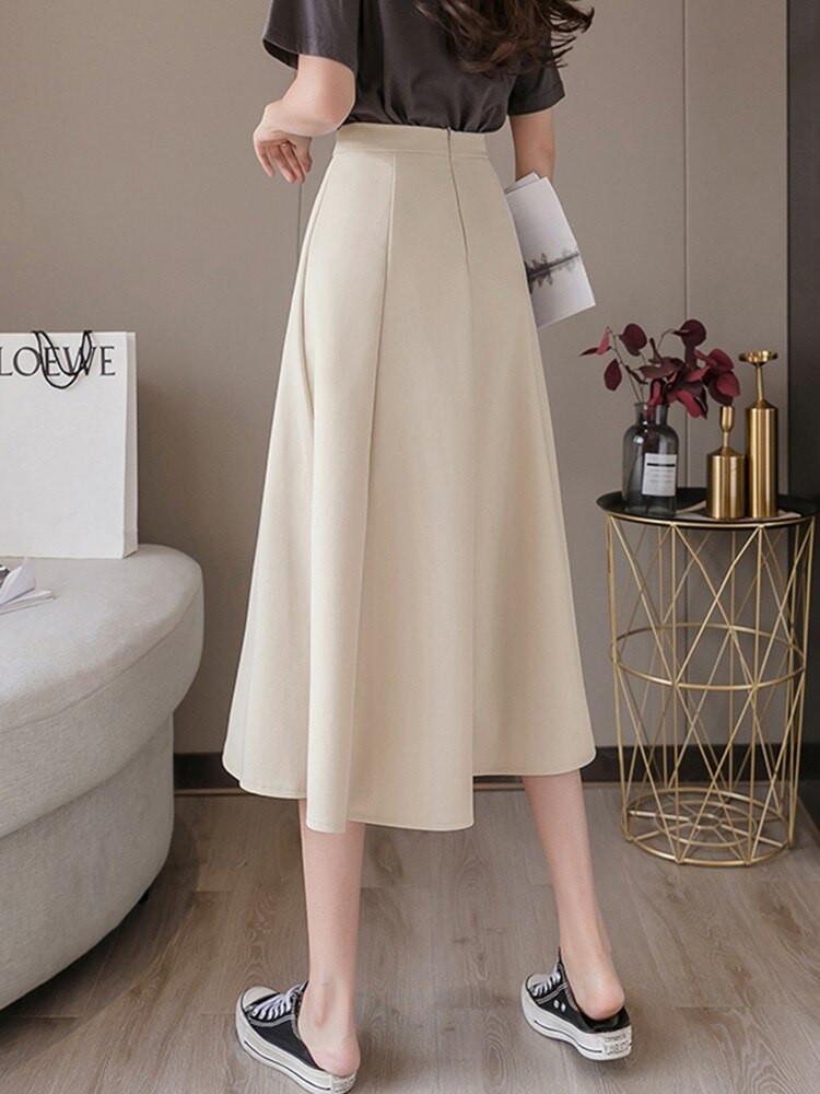 Ladies Elegant A-line Korean Style Solid Color Big Swing High Waist Women Long Skirt