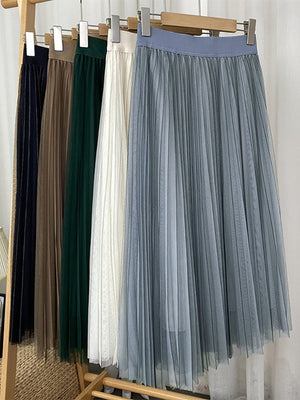 Spring Summer Women Solid Casual A Line Elegant Elastic High Waist Tulle Pleated Skirt